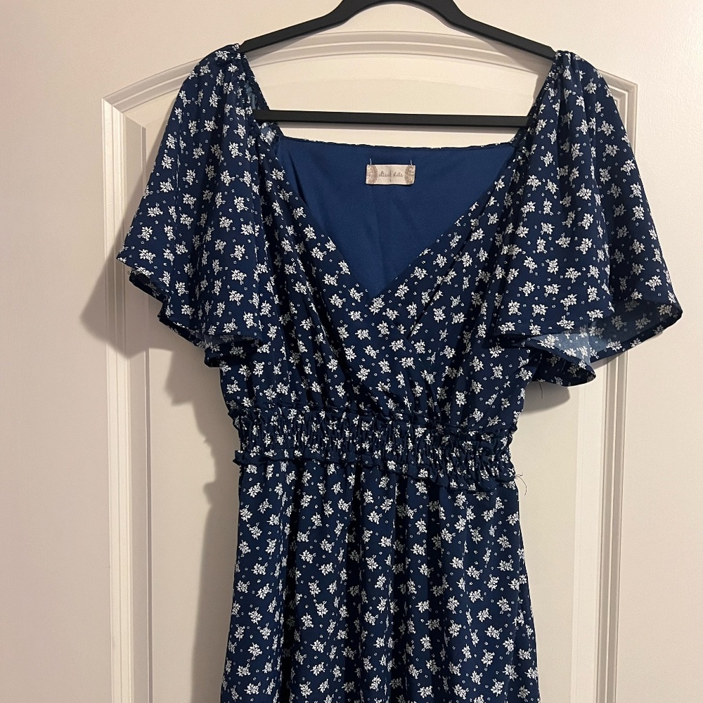 large altar'd state navy and white flutter sleeve v-neck mini dress